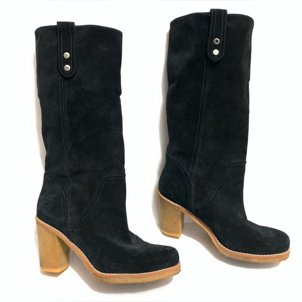 UGG Australia Women Josie 3214 Black Pull Up/Foldable Suede Boots Heel Sz 7.5